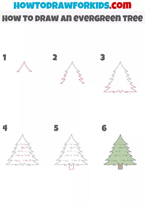 Pine Tree Doodle Simple, How To Draw Winter Trees, How To Draw Pine Trees, Evergreen Tree Drawing, How To Draw A Christmas Tree Easy, How To Draw A Christmas Tree, Landscape Drawing Tutorial, Draw Trees, Drawing Worksheets