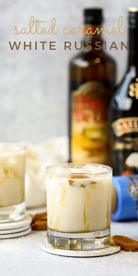 Salted Caramel Baileys White Russian - Simply Made Recipes Salted Caramel Baileys, Salted Caramel Drinks, Caramel Cocktail, Baileys Drinks, Baileys Cocktails, Caramel Drinks, White Russian Recipes, Salted Caramel Recipes, Baileys Coffee