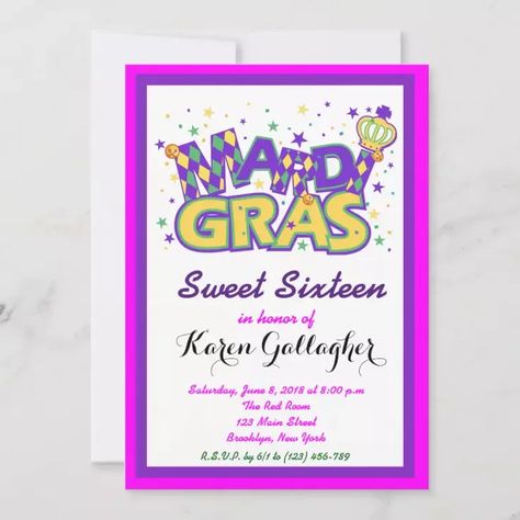 Mardi Gras Sweet 16 Party Invitation Zazzle Sweet 16 party Mardi Gras Invitations, Sweet 16 Party Invitations, 75th Birthday, Sweet 16 Party, Mardi Gras Party, Sweet 16 Parties, 16th Birthday Party, Pink Invitations, Sweet 16 Birthday