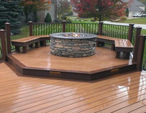 Top 50 Best Deck Fire Pit Ideas - Wood Safe Designs Fire Pit On Wood Deck, Cinder Block Fire Pit, Deck Fire Pit, Cool Fire Pits, Fire Pit Furniture, Patio Deck Designs, Wooden Deck, Deck Designs Backyard, Trex Deck