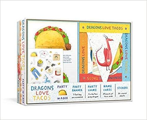 Dragons Love Tacos Party-in-a-Box #kids #games #party #supplies #tacoparty #unique #affiliates #fiesta Dragons Love Tacos Party, Magic Chicken, Colorful Banner, Dragons Love Tacos, Taco Party, Dragon Birthday, Party Names, Dragon Party, Beloved Book