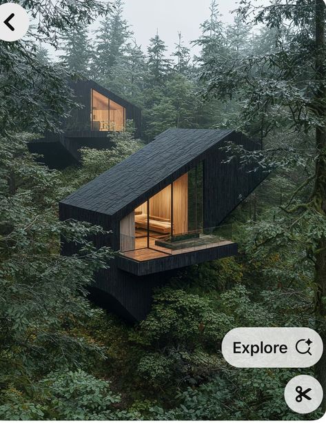 Houses In Woods Aesthetic, Cabin In The Woods Architecture, Modern Forest Cabin, Yakisugi Houses, Houses In Forest, Dark Wood House, Wood Kayak Plans, House In A Forest, House Surrounded By Trees