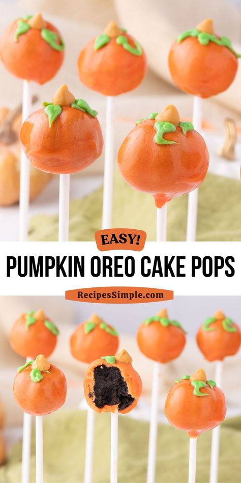 These Pumpkin Cake Pops have just five ingredients. They are filled with a rich, dark Oreo center and coated in a delicious candy coating. An easy dessert for Halloween or Thanksgiving! Oreo Balls Cake Pops, Easy Thanksgiving Cake Pops, Pumpkin Cake Pops Recipe, Cake Balls Thanksgiving, Halloween Cake Pops Easy, Cake Balls Halloween, Thanksgiving Cake Pops Ideas, Thanksgiving Oreos, Cute Fall Treats