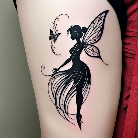 "Magical Fairy Silhouette" Black ink fairy with flowing wings and a butterfly, surrounded by subtle stars. #MagicalFairy #MinimalistTattoo #BlackInkDesign #TattooInspiration #tattooinspirationworld #tattooartist #tattoodesign #tattooart #tattooideas #ink #inktattoo #handmade #custom #artoftheday #artofthebody #creative #instaart #instagood #picoftheday #instadailypost #stunning #beautiful #femininetattoo #inspiration #inspirational #motivational #mindfulness #spiritualityandpositivity Fairytale Tattoo Ideas Magic, Fairy On A Moon Tattoo, Fairies Tattoo Designs, Fairy Tattoo Designs Unique, Faerie Tattoo, Fairy Tattoos, Fairy Face, Fairy Music, Mama Tattoo