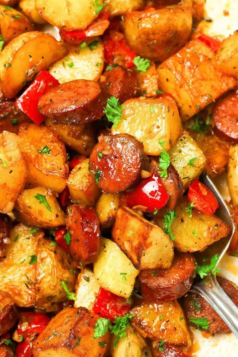 Easy Sausage and Potatoes - Immaculate Bites Potatoes And Andouille Sausage, Oven Roasted Smoked Sausage And Potatoes Recipe, Smoked Sausage And Potato Bake Recipe, Smoked Sausage And Potatoes In Oven, Smoked Sausage And Potato Recipes, Air Fryer Sausage And Potatoes, Bratwurst And Potatoes, Andouille Sausage And Potatoes, Sausage Potato Recipes