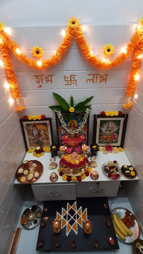 Navratri Puja Decoration At Home, Navratri Pooja Decoration At Home, Mandir Decoration Ideas At Home, Pooja Room Ideas Indian, Pooja Photos, Navratri Pooja, Mandir Decor, Puja Decoration, Mandir Decoration