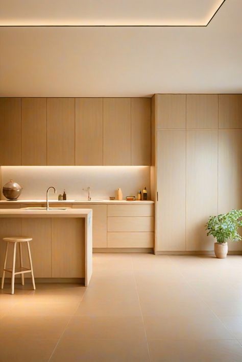 Cream white walls + warm wood veneer, light and gentle ~ visually showing a clean atmosphere! No built-in main light, soft light warms the whole house Muji Style Interior Kitchen, Muji Style Kitchen, Interior Wood Design, Muji House Design, Muji Style Interior, Light Wood Interior, Muji Interior Design, Muji Interior, Muji House