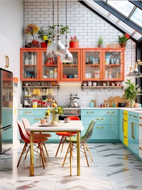 Bright Cabinets Kitchen, Modern Maximalist Kitchen, Funky Retro Kitchen, Eclectic Style Kitchen, Quirky Kitchen Design, Small Colorful Kitchen, Maximalist Kitchen Decor, Colorful Kitchen Island, Vintage Eclectic Kitchen