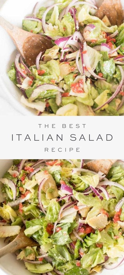 Italian salad, overlay text, close up of Italian salad St Louis Salad Recipe, Simple Italian Salad, Italian Salads, Recipe Stand, Italian Salad Recipes, Side Salad Recipes, Camp Food, Julie Blanner, Italian Salad