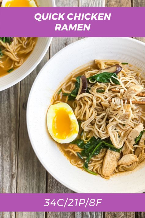 Macro Friendly Ramen, Macro Friendly Asian Recipes, Macro Friendly Ramen Recipes, Macro Pasta, Quick Chicken Ramen, Macro Foods, Macro Eating, Anabolic Recipes, Macros Recipes