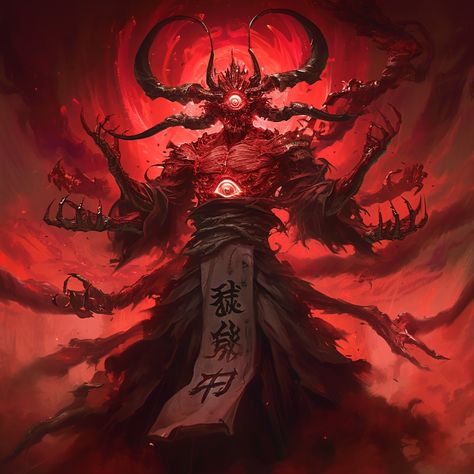 Dnd Demon Lord, Dnd Demon Art, Red Demon Art, Humanoid Demon, Demon Dnd, Demon Ideas, Giant Demon, Scarlet King, Demon Creature