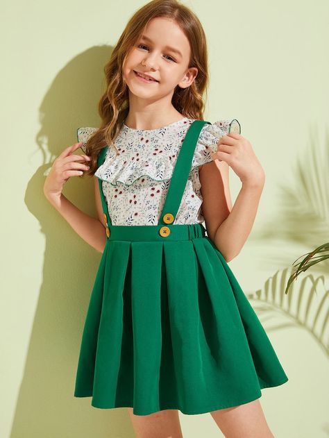 Girls Ruffle Ditsy Floral Top & Pleated Pinafore Skirt Set | SHEIN Kids White Dress, Pinafore Skirt, Ditsy Floral Top, Kids Dress Wear, Girl Dress Patterns, Skirts For Kids, Kids Designer Dresses