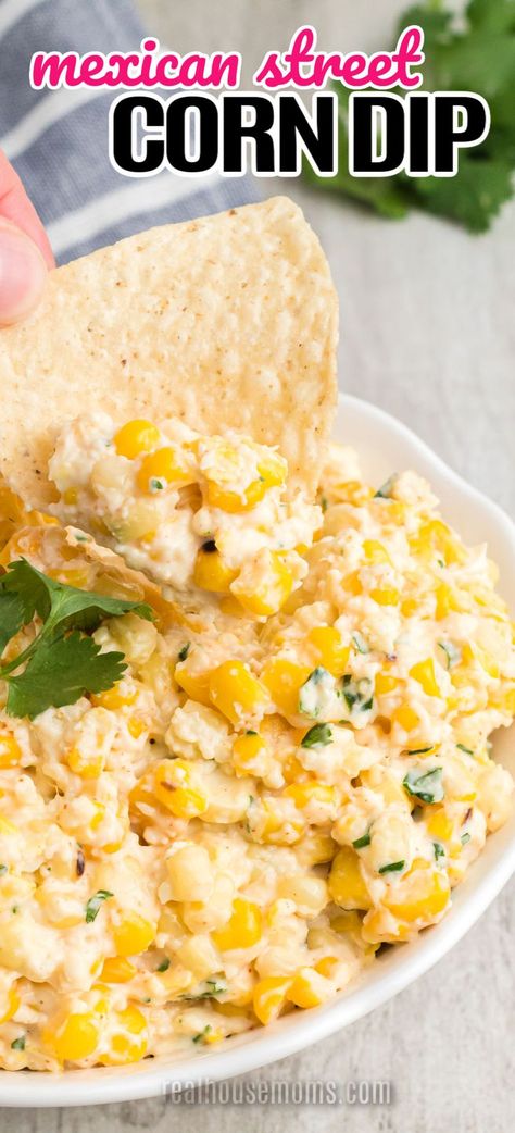 Creamy, crunchy Mexican Street Corn Dip is full of flavor and is the perfect dip to munch on at backyard barbecues and summer get-togethers! #RealHousemoms #streetcorn #mexicanstreetcorn #corndip #diprecipe #appetizer #gamedip #cincodemayo #corn Grilled Corn Dip, Mexican Corn Dip, Street Corn Dip, Mexican Street Corn Dip, Corn Dip Recipes, Mexican Corn, Corn Dip, Creamy Corn, Delicious Appetizer Recipes