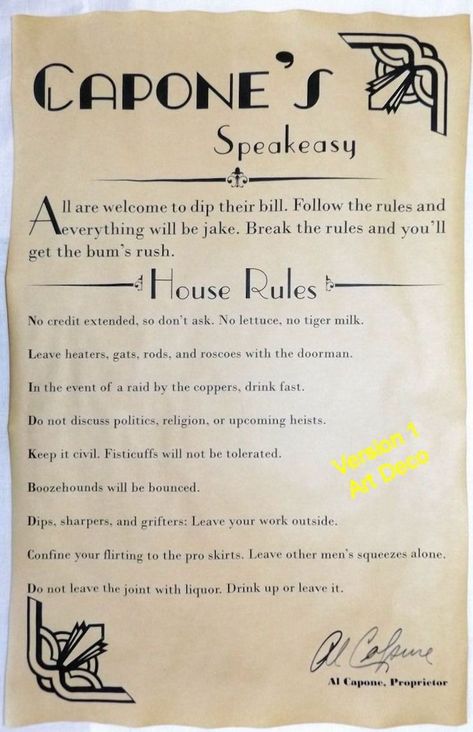 Speakeasy Ideas, House Rules Poster, Mafia Theme, 1920 Party, Prohibition Party, 1920s Speakeasy, Twenties Party, Speakeasy Party, Mystery Dinner Party