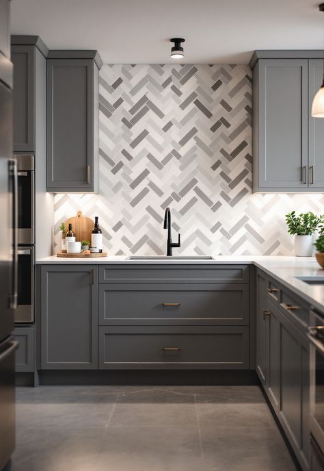 backsplash kitchen ideas Kitchen Backsplash With Grey Cabinets, Vintage Tin Tiles, Scallop Tiles, Backsplash Kitchen Ideas, Ceramic Tile Colors, Grey Backsplash, Bamboo Panels, Herringbone Backsplash, 3d Tiles