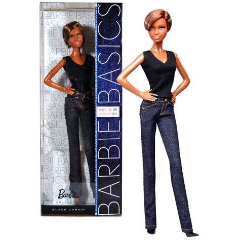 african american dolls with natural hair | Mattel Year 2010 Barbie Basics Black Label Collection 002 Collector 2010 Barbie, Real Barbie, Barbie Basics, African American Fashion, Barbie Collector Dolls, Doll Model, Short Brown Hair, African American Dolls, Blue Denim Pants