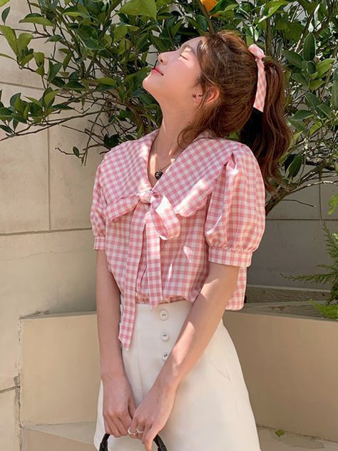 Pink Plaid Shirts Women Peter Pan Collar Sweet Panelled Girlish Bandage Temper Kawaii Clothes Baggy Summer Temper Korean Fashion - AliExpress Bow Tops Outfit, Plaid Shirts Women, Gingham Dresses, Clothes Baggy, Pink Plaid Dress, Summer Korean Fashion, Tops Outfit, Birthday Fit, Pink Gingham Dress