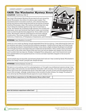 Read about the history of the Winchester Mystery House, and then answer some comprehension questions. Selling A Haunted House Writing, Mystery Reading Unit 3rd Grade, Haunted House Story Writing, 5th Grade Mystery Books, Fraction Centers, House Worksheet, Halloween Homeschool, Halloween Reading Comprehension, Middle School Literature