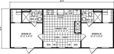 16 x 40   I would like the bedrooms at opposite ends like this. Smaller second bedroom would not need a bathroom. Could make ensuite bathroom with second door? Tiny House Floor Plans 16x40, 16x40 2 Bedroom Floor Plans, Two Bedroom Tiny Home Floor Plans, 16 X 48 Floor Plans Layout, 16x40 Shed House Plans With Loft, 3 Bedroom Mobile Home Floor Plans, 16x50 Shed House Plans 2 Bedroom, 16 X 40 Floor Plans Layout 2 Bedroom, 16x40 Shed House Plans 2 Bedroom