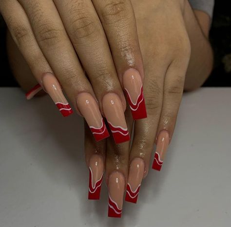 Red Double French Nails, Red On Red French Tip Nails, Red White Nails Design, Red And White French Tip Nails, Red Abstract Nails, Nails With Red Tips, Painted Acrylic Nails, Nails With Red, Graffiti Nails