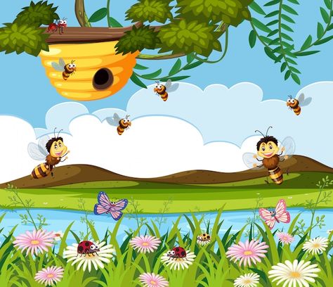 Bee and beehive in nature | Premium Vector #Freepik #vector #bee #bee-drawing #honey-bee #bee-background Beehive Drawing, Honey Bee Drawing, Honey Illustration, Bee Vector, Bees And Honey, Foto Macro, Bee Drawing, Bee Illustration, Illustration Nature