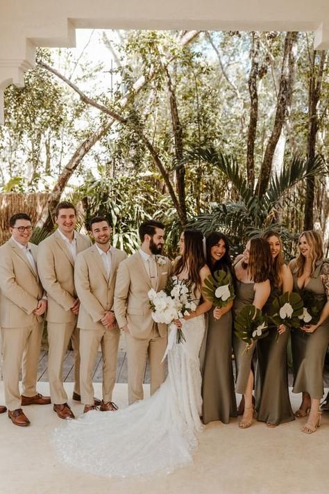 Tan And Green Tuxedo Wedding, Vineyard Wedding Groomsmen, Wedding Colors Natural, Olive Green Bridesmaid Dress Groomsmen, Green Tan Wedding Theme, Tan And Green Wedding Decor, Tulum Wedding Bridesmaid, Green Groomsmen Suits And Bridesmaids, Olive And Tan Wedding Party