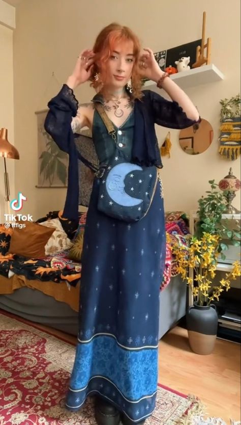 Blue Fairy Core Outfit, 70s Witch Outfit, Fairycore Outfit Blue, Blue Witchy Outfit, Blue Cottage Core Outfit, Blue Witch Aesthetic Outfit, 80s Witch Outfit, Blue Fairycore Outfits, Witchy Cottage Core Outfits