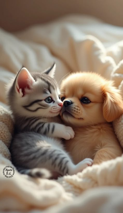 Cute Puppy And Kitten Pictures, Photo Chat Mignon, Cute Pets Aesthetic, Kitty And Puppy, Cute Dog And Cat, Animal Hugs, Cute Puppies And Kittens, Cute Small Animals, Cute Little Kittens