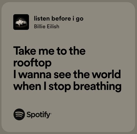 Take me to the rooftop, I wanna see the world when I stop breathing Take Me To The Rooftop Billie Eilish, Listen Before I Go Billie Eilish, Listen Before I Go, Breathe Quotes, Goofy Goober, Journal Prints, Relatable Lyrics, Rock Girl, Song Lyric Quotes