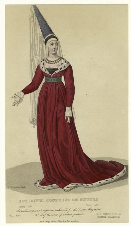 1400s Fashion | 1400's fashion - Euriante, Countess de Nevers (1408-1468) the print is ... 1300s Fashion, 13th Century Clothing, 1400s Fashion, 15th Century Fashion, Fashion Timeline, Medieval Clothes, History Fashion, Middle Age Fashion, Medieval Costume