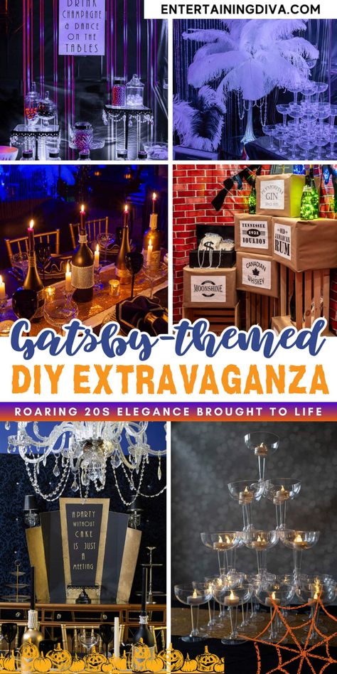 A Collection Of Great Gatsby-themed DIY Decorations At A Halloween Party. Great Gatsby Decorations, Harlem Nights Theme Party, Gatsby Style Party, Great Gatsby Party Ideas, Great Gatsby Party Decorations, Gatsby Decorations, Harlem Nights Theme, Food Birthday Party, Gatsby Party Ideas