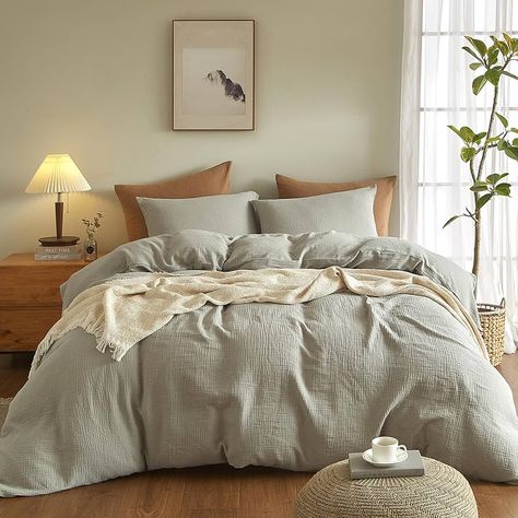 Amazon.com: SE SOFTEXLY Muslin Duvet Cover King Size, 100% Washed Cotton Duvet Cover Set, Ultra Soft Comforter Cover Linen Like, 3 Pieces Minimalist Gauze Duvet Cover with 2 Pillowcases, 90"x104", Light Brown : Home & Kitchen Sage Comforter Bedroom, Sage Green Bed Sheets, Bedding Photography, Textured Comforter, Wrinkled Fabric, Textured Duvet Cover, Natural Luxury, Duvet Cover King, Soft Comforter