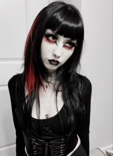 Red And Black Gothic Makeup, Black And Red Goth Makeup, Read Goth Makeup, Red Trad Goth Makeup, Mopey Goth Makeup, Goth Valentines Day Makeup, Christmas Goth Makeup, Red Goth Hair, Red And Black Goth Makeup