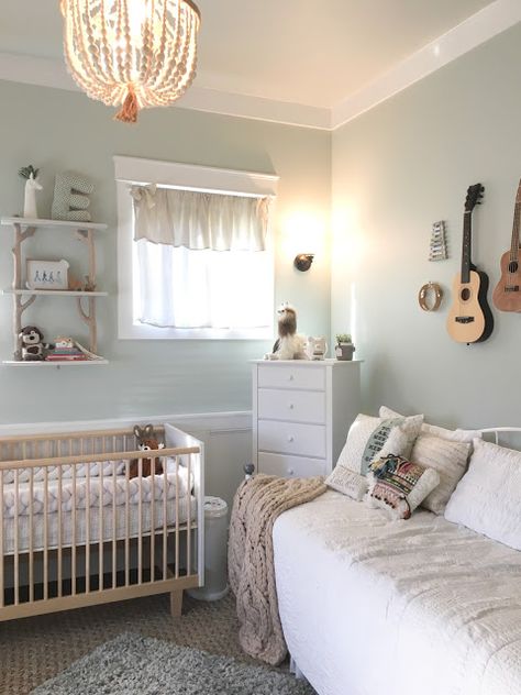 Baby boy music theme nursery. Oeuf crib, Sherwin Williams sea salt, musical instrument gallery wall. Nursery Guest Room Combo, Guest Room Combo, Sherwin Williams Sea Salt, Music Themed Rooms, Music Nursery, Boy Room Paint, Nursery Guest Room, Nursery Room Furniture, Baby Furniture Sets