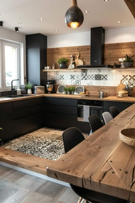 Black And White Kitchen Wood Countertops, Wood And Black House Decor, Wood Uppers Black Lowers, White Dark Brown Kitchen, Black Kitchen Cabinets Wooden Countertops, White Dark Wood Kitchen, Cozy Modern Kitchen Ideas, White Black And Wood Interior, Black White Wood Home Decor