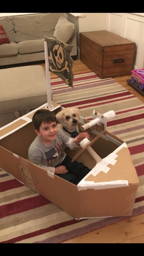 Boat Box Cardboard, Cardboard Box Boat Diy, Cardboard Box Boat, Cardboard Box Boats, Transportation Preschool Activities, Cardboard Boat, Cardboard Crafts Kids, Steam Ideas, Transportation Crafts