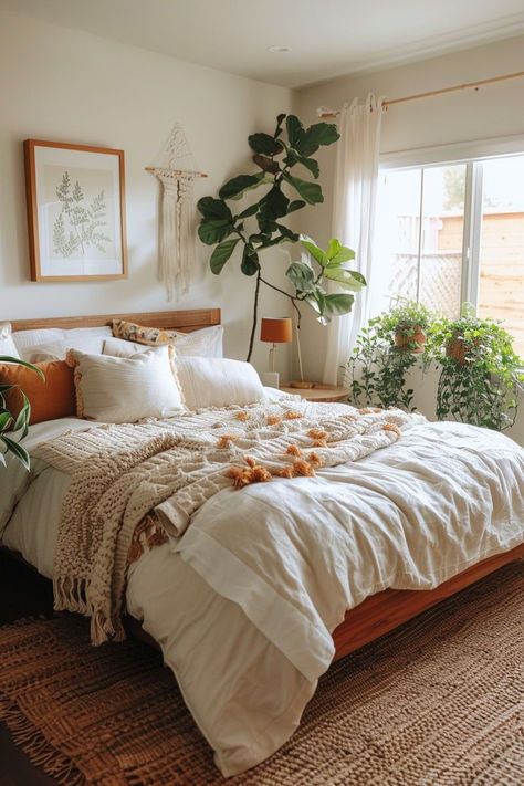 Earthy bedroom decor, with its natural colors and textures, creates a cozy and calming environment that fosters a sense of tranquility and relaxation. Incorporating elements such as wooden furniture, earth-toned linens, and botanical accents can evoke a connection to nature, promoting a soothing and harmonious atmosphere in the bedroom. Street Style Room, Future Bedroom, Earthy Bedroom, Creative Bedroom, Dekorasi Kamar Tidur, Bedroom Decor Ideas, Modern Bedroom Design, Bedroom Layouts, Styl Boho