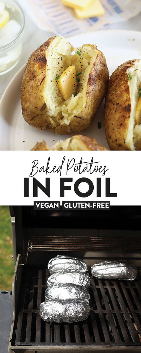 One of our fav sides is a baked potato in foil. Whether you want to make a grilled baked potato in foil or oven baked potatoes in foil, we'll teach you how to make both! Baked Potatoes In The Oven With Foil, Grilled Baked Potatoes, Oven Baked Potatoes, Healthy Decisions, Bbq Foods, Potato Calories, Cooking Baked Potatoes, Best Baked Potato, Potato Stacks