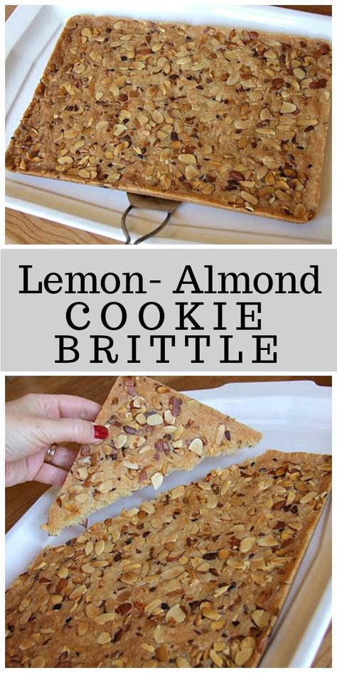 Lemon- Almond Cookie Brittle recipe from RecipeGirl.com Almond Brittle Recipes Simple, Chocolate Chip Cookie Brittle, Almond Brittle Packaging, Airy Peanut Brittle Recipe, Cookie Brittle Recipe, Candy City, Food Network Peanut Brittle, Cookie Brittle, Cookie Bark