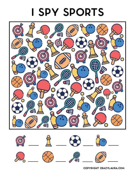 Looking for simple and free games to print out? Download these free i spy sports printables with different versions to choose from! Sport Worksheets For Preschool, Sport Games For Kids, I Spy Worksheets, Sports Printables, Games To Print, Crazy Laura, Olympics Activities, Video Game Lover, Father's Day Activities