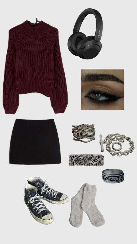 Burgundy red jumper, converse trainers, black skirt, mascara, eyeliner, eyeshadow Burgundy Converse Outfit, Skirt And Jumper Outfit, Burgundy Ring, Burgundy Converse, Dark Eye Makeup, Fall Outfit Inspiration, Burgundy Outfit, Jumper Outfit, Fluffy Socks