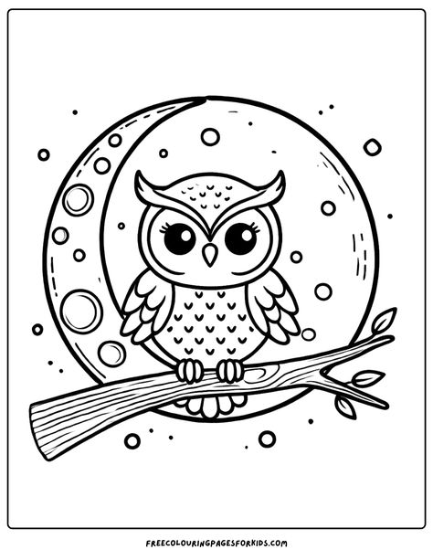 Unleash your child’s creativity with our free kids colouring printable featuring a majestic owl perched on a branch with a stunning crescent moon in the background. Raccoon Coloring Pages Free Printable, Brownie Activities, Owl Coloring, Unique Birds, Owl Species, Coloring Printables, Owl Designs, Family Coloring Pages, Free Kids Coloring Pages