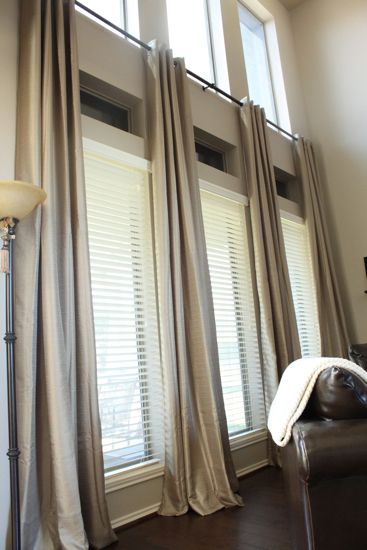 curtains for master or using a different fabric the family room.   Love that the upper windows are uncovered Bedroom Window Dressing, Tall Curtains, Extra Long Curtains, Window Treatments Living Room, Tall Windows, Window Treatments Bedroom, Long Curtains, Diy Boho, Trendy Living Rooms