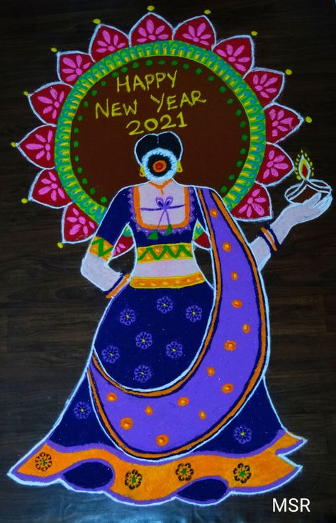 Lady Rangoli Design, Mugullu Rangoli Designs For New Year, Lady Rangoli Designs Diwali, New Year Rangoli Design 2022, Lady Rangoli, New Year Kolam Design, New Year Muggulu Designs, New Year Rangoli 2022, Girl Rangoli