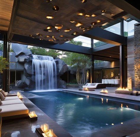 Swimming Pool Inside House, Modern Indoor Pool, Indoor Swim Spa, Outside House Decor, Luxury Pools Indoor, Teenager Bedroom Design, Home Spa Room, Indoor Swimming Pool, Indoor Waterfall