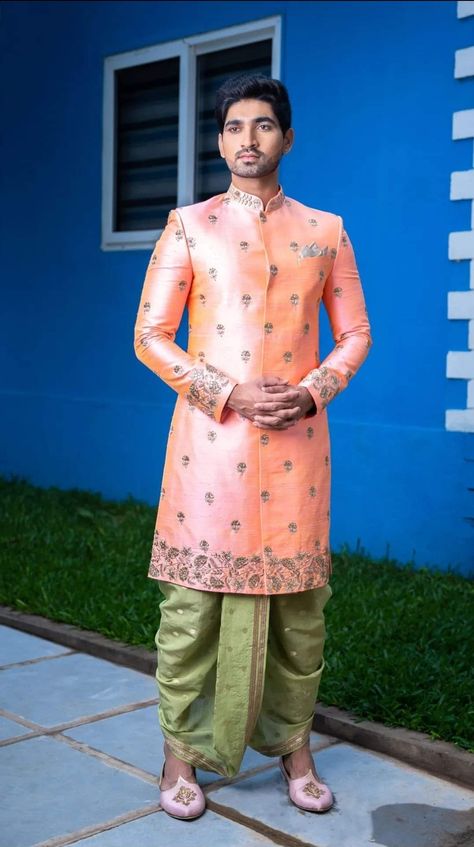 Pellikoduku Function Outfit For Men, Pellikoduku Outfits For Men, Dhothi Function For Boys Decoration, Dhoti Function For Boys, Sharvani For Men Wedding, Dhoti Ceremony, Bridegroom Outfits, Dhoti For Men, Dhoti Pants For Men