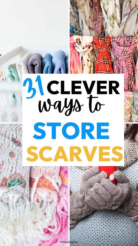 31 Clever and Unique Ways on Storing Scarves (In a Small Home) - Sponge Hacks Storage For Scarves Scarf Organization, Over The Door Scarf Organizer, What To Do With Old Scarfs Diy Projects, Scarf Display Ideas Bedrooms, How To Store Hats And Gloves, Organize Scarfs, Displaying Scarves For Sale, Hang Scarf On Wall, Other Uses For Ikea Scarf Holder