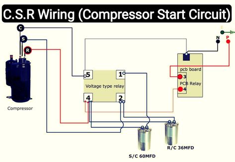 Air conditioner C.S.R wiring diagram compressor start full wiring - Fully4world Hvac Training, Boat Wiring, Air Conditioner Maintenance, Ac Wiring, Basic Electrical Wiring, Hvac Air Conditioning, Refrigeration And Air Conditioning, Electrical Circuit Diagram, Air Conditioner Compressor