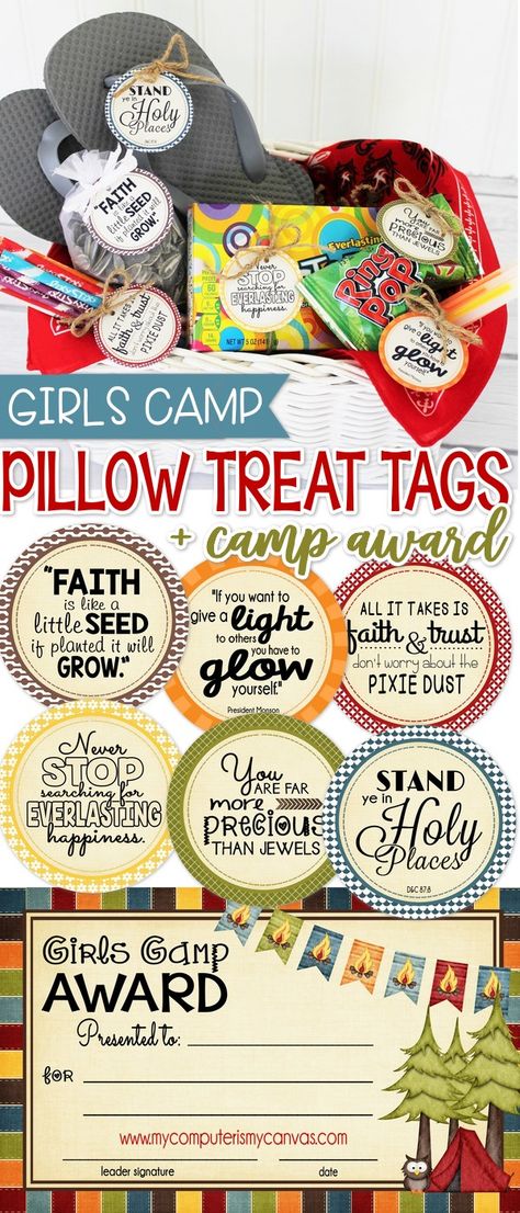 Girls Camp Gifts, Camp Awards, Pillow Treats, Lds Girls Camp, Girls Camp Crafts, Wallpaper Printable, Lds Yw, Yw Activities, Youth Camp