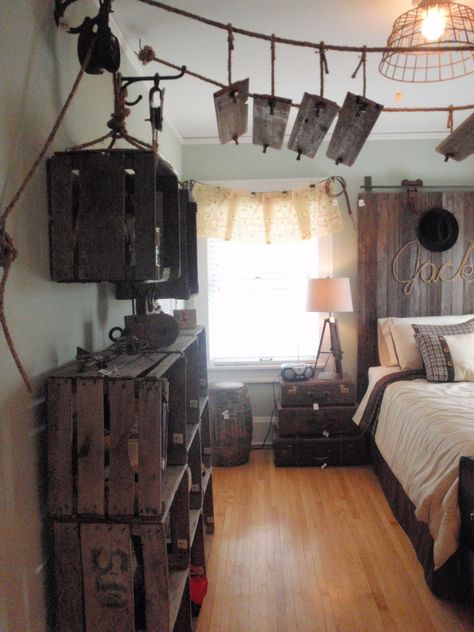 Military Bedroom, Explorer Bedroom, Jungle Bedroom Decor, Army Bedroom, Jungle Bedroom, Pirate Room, Army Room, Boys Bedrooms, Wooden Crates